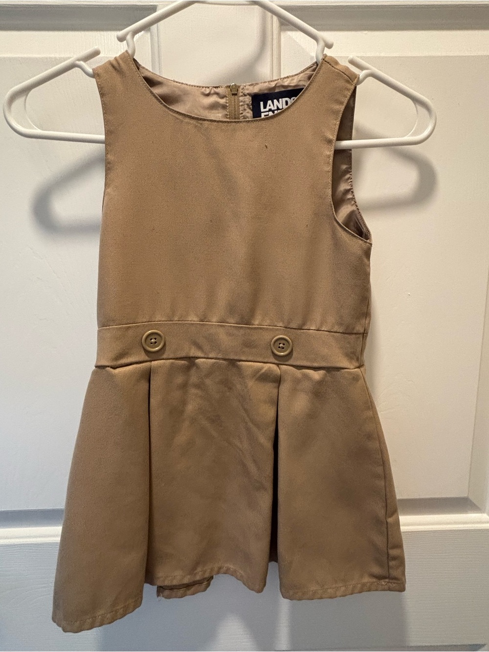 Lands' End Girls Tan Khaki Sleeveless Dress with Button Waist